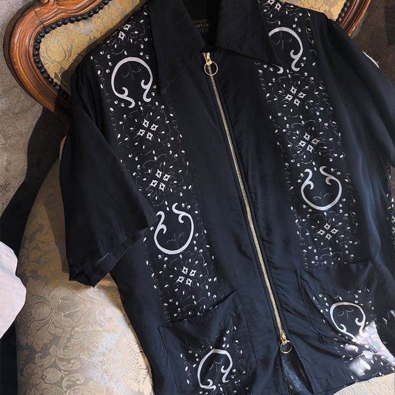 Japanese Style Casual Double Zipper Printed Short Sleeve Shirt Loose Fit Unisex