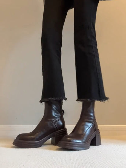 Women's Retro Genuine Leather Martin Boots - Brown Cowhide Thick-Soled Back-Zip Chunky Heel Boots