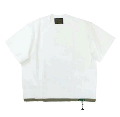 Three-Color Japanese Style Pure Cotton Patchwork Nylon Elastic Round Neck Short Sleeve T-Shirt