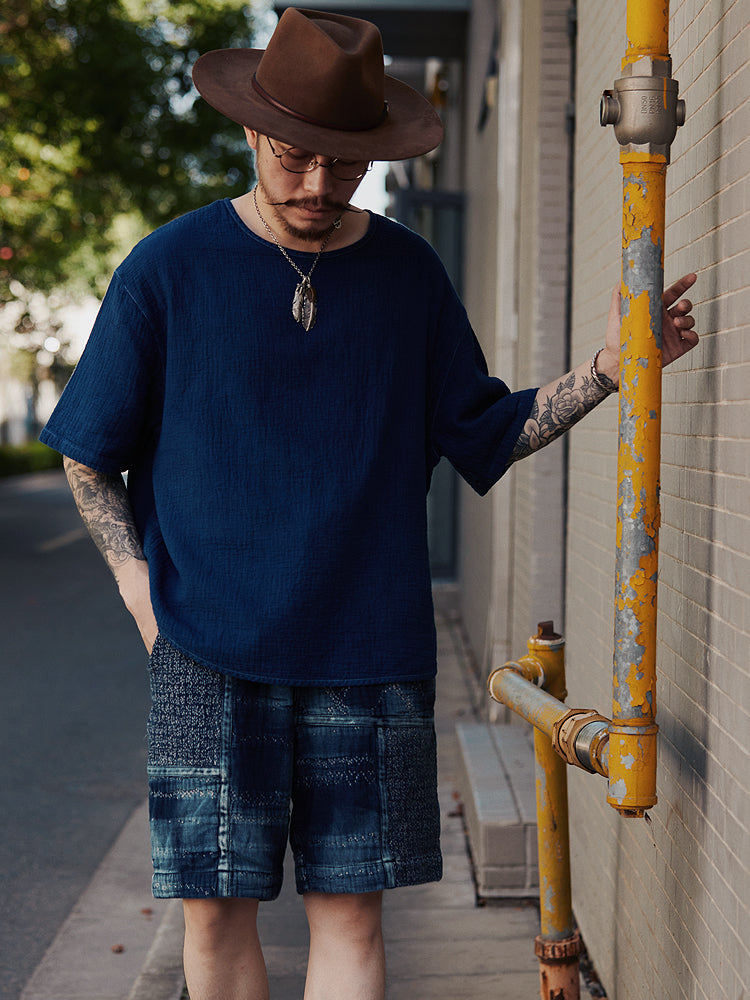 Original Japanese Retro Indigo Dyed Loose Couple Style Casual Short Sleeve T-Shirt