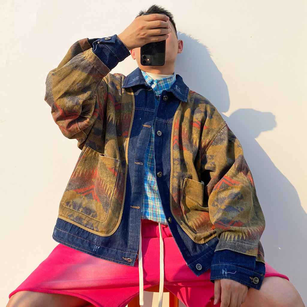 Shanwu Patchwork Blue Lapel Jacket – Retro American Streetwear, Unisex