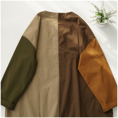 Color-Block Mid-Length Trench Coat – Japanese Retro V-Neck Single-Breasted Jacket
