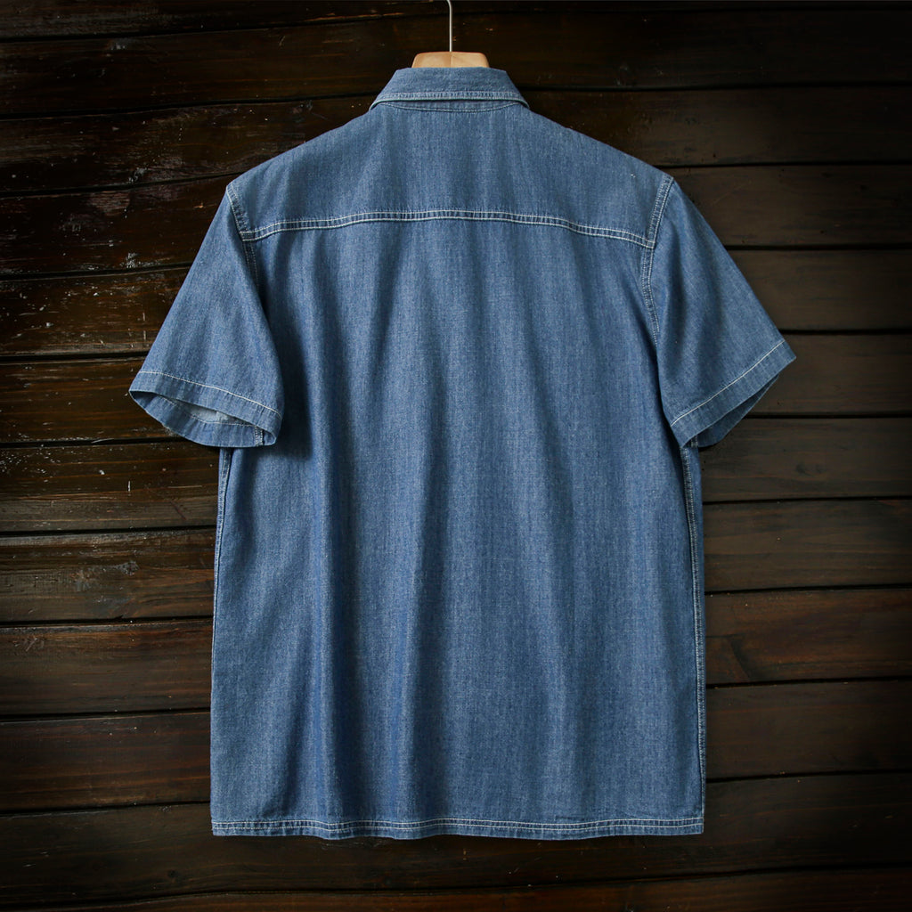 Pure Cotton Enzyme Wash! Export Surplus Men's Summer Turn-down Collar Denim Short Sleeve Shirt Top