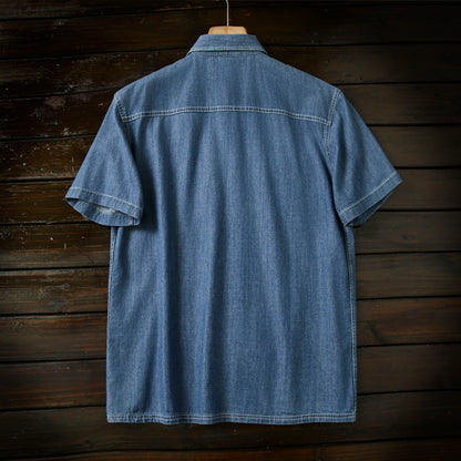 Pure Cotton Enzyme Wash! Export Surplus Men's Summer Turn-down Collar Denim Short Sleeve Shirt Top