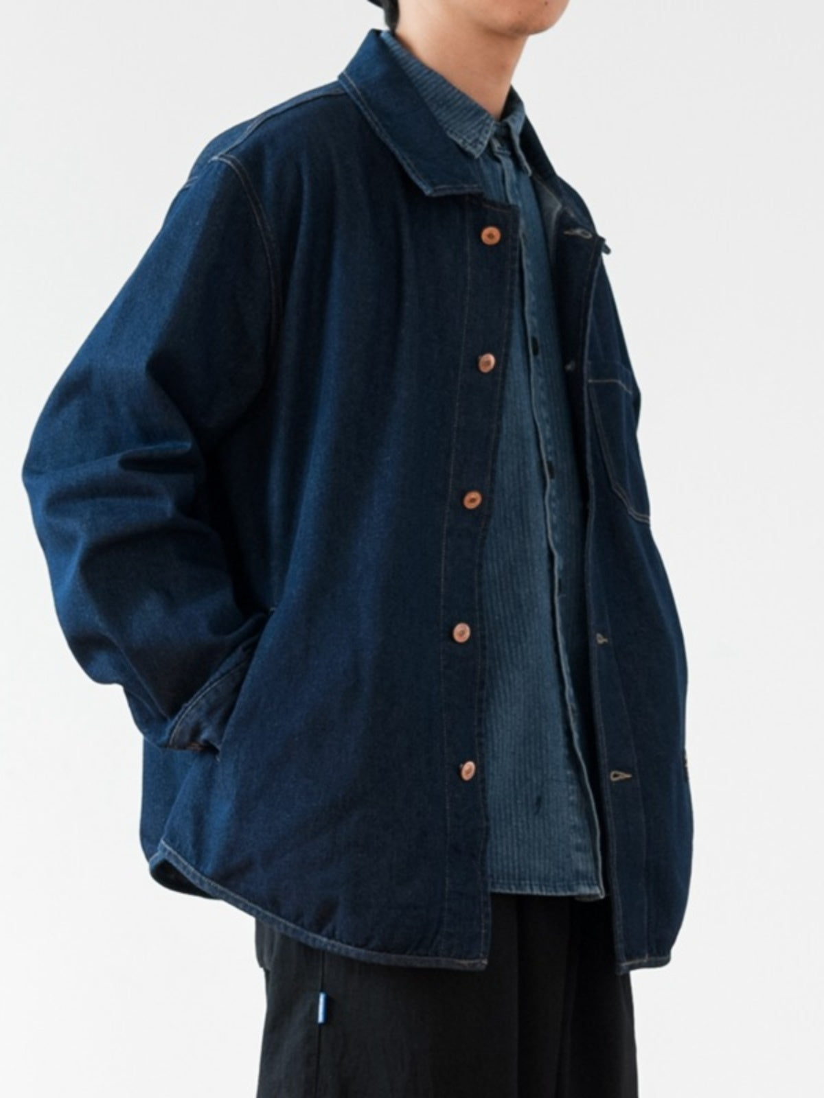 Japanese Retro Workwear Denim Shirt – Loose Turn-Down Collar for Spring/Autumn
