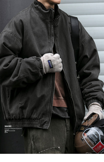 Men's Japanese Retro Lamb Wool Jacket - Thickened Stand Collar Couple Cotton Coat