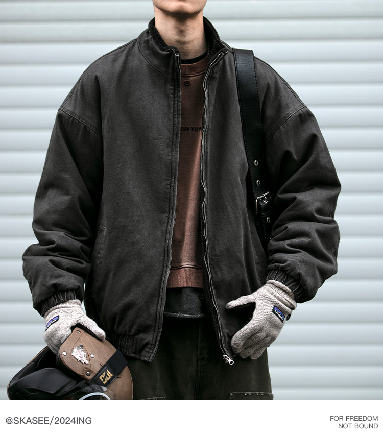 Men's Japanese Retro Lamb Wool Jacket - Thickened Stand Collar Couple Cotton Coat