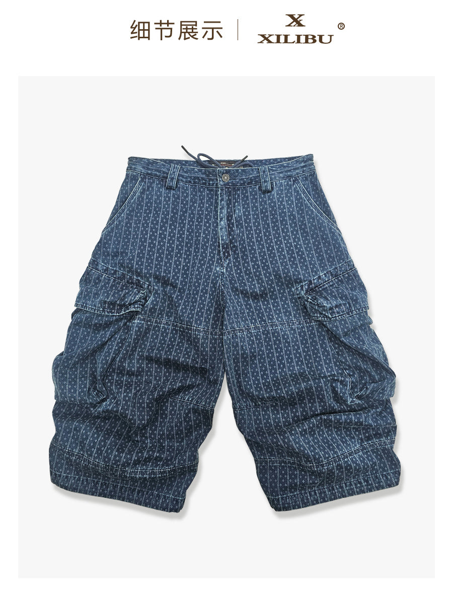 Blue Dyed Jacquard Loose Fit Scimitar Cropped Pants Japanese Retro Style with Large Pockets Casual Mid-Length Shorts