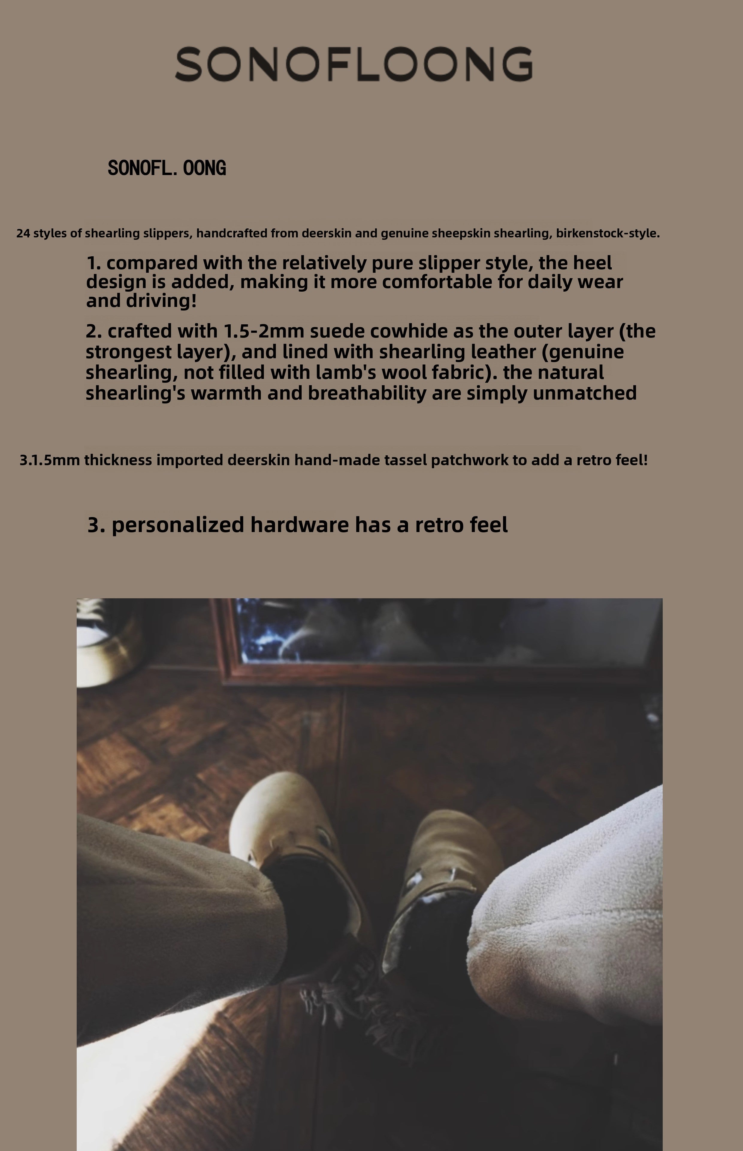 Sonofloong Vintage Genuine Leather Slippers - Deerskin Tassel Sheepskin Fur Closed-Toe Birkenstock Style