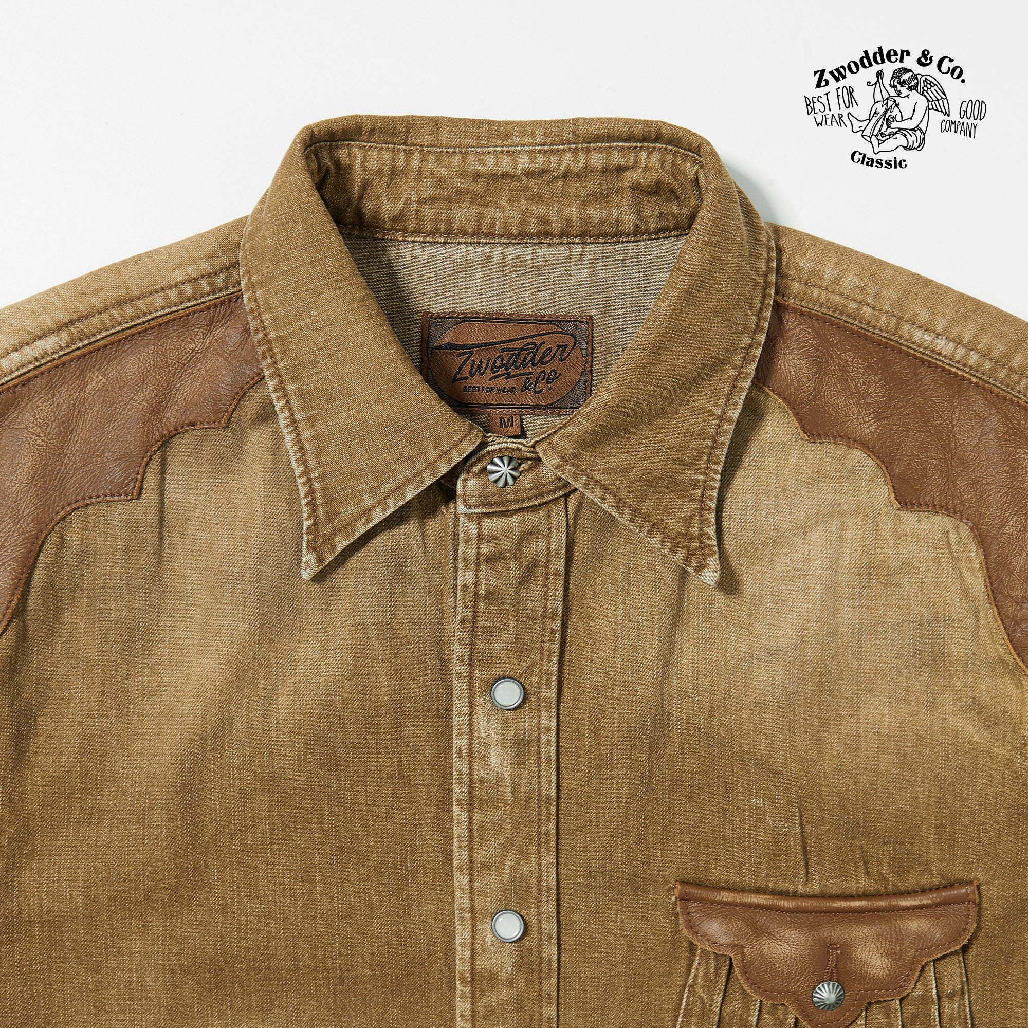 Zwodder Leather-Accent Patchwork Denim Shirt – Vintage American Washed Long Sleeve