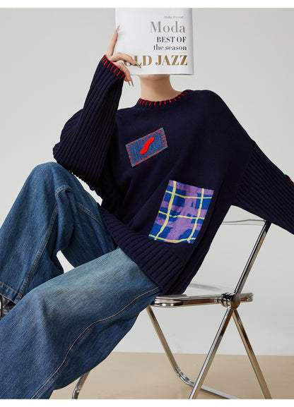 Color-Block Hand-Embroidered Patchwork Sweater – Japanese Niche Knit Top