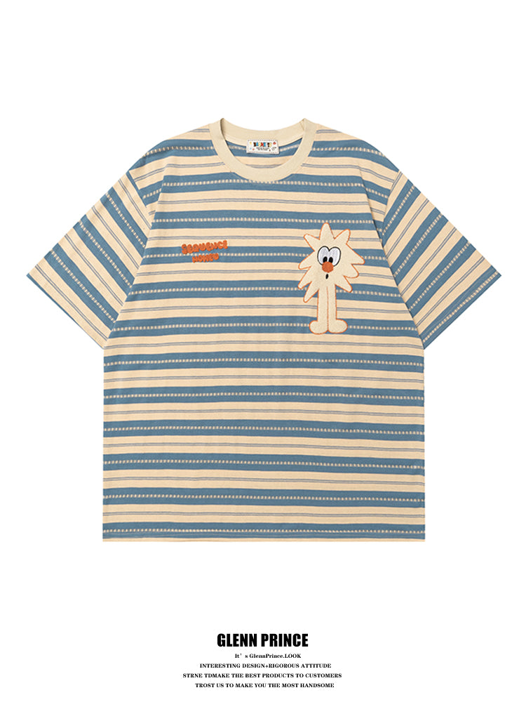 Japanese Style Casual Cartoon Color Block Striped Short Sleeve Men's T-Shirt Summer Oversize Lazy Half Sleeve Tee