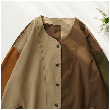 Color-Block Mid-Length Trench Coat – Japanese Retro V-Neck Single-Breasted Jacket