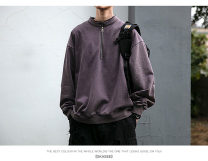 Unisex 465g Washed Vintage Sweatshirt - Boxy Half-Zip Snowflake Knit Pullover