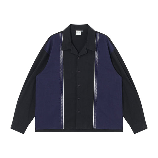 Color-Block Washed Work Shirt – Japanese Retro Patchwork Cuban Collar for Men