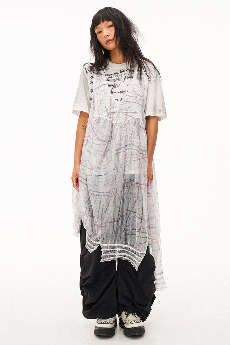 Handwritten Print Soft Skin-friendly Distressed Loose Short Sleeve T-shirt