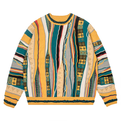 Vintage Pop Style Bitter Melon Striped Ethnic Sweater