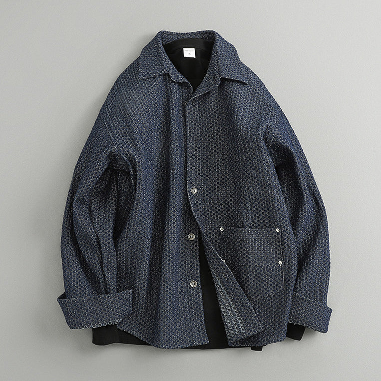Japanese Retro Lattice Texture Denim Shirt - Loose Casual Lapel Shirt (Men)