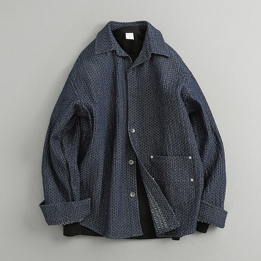 Japanese Retro Lattice Texture Denim Shirt - Loose Casual Lapel Shirt (Men)