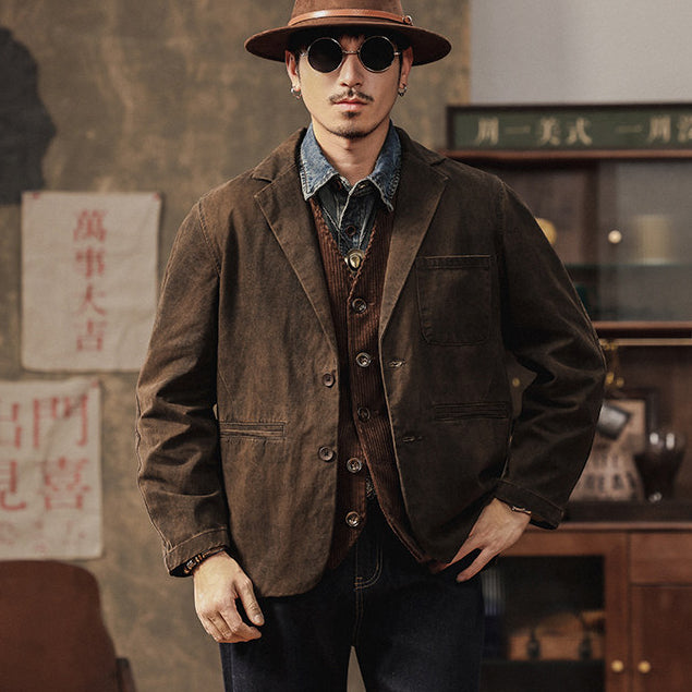 Vintage Mottled Distressed Cotton Blazer - American Casual Washed Suit (Men)