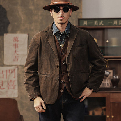 Vintage Mottled Distressed Cotton Blazer - American Casual Washed Suit (Men)