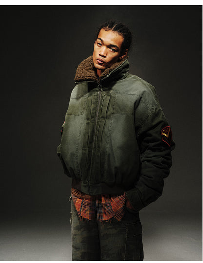 24aw Washed Green Vintage Jacket Cotton-Padded Coat Distressed Epaulet Fur Collar Thickened Coat