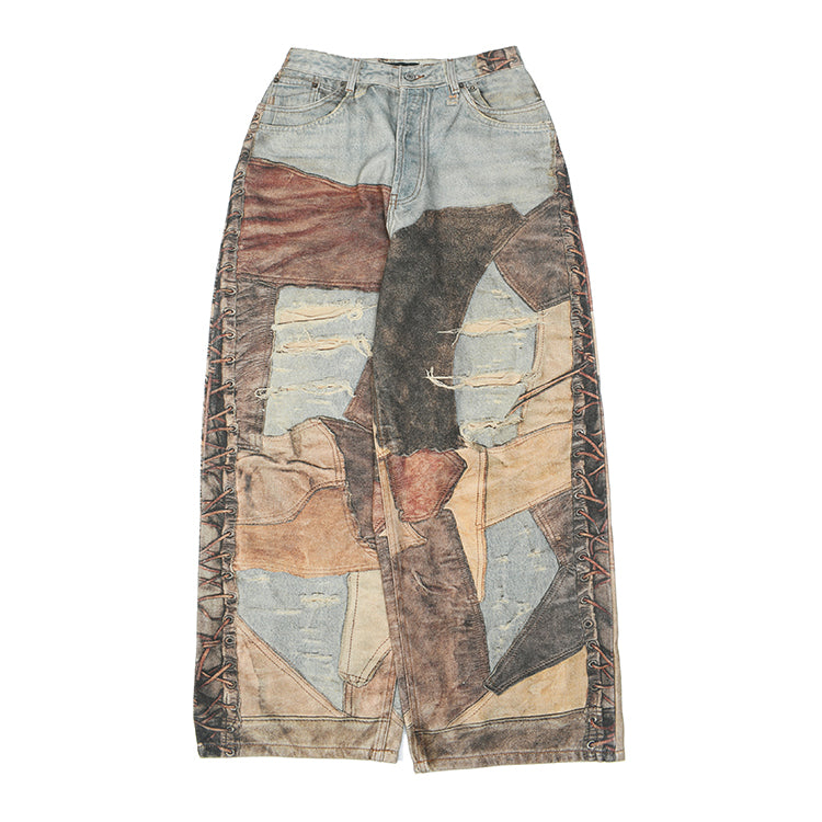 Beauty tide retro old hole patch 3D printing jeans dyed loose wide-leg pants