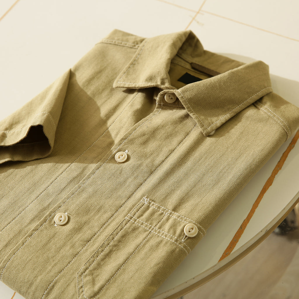 100% Cotton Herringbone Summer Men's Loose Casual Short Sleeve Work Shirt Top