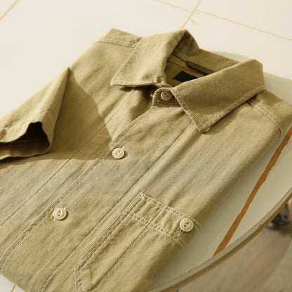100% Cotton Herringbone Summer Men's Loose Casual Short Sleeve Work Shirt Top