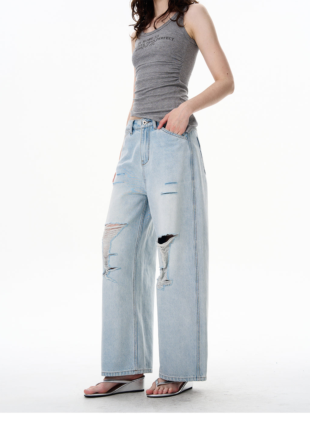 American Style Distressed Light Blue Jeans Trendy Brand Men's Cool Street Style High-End Pants