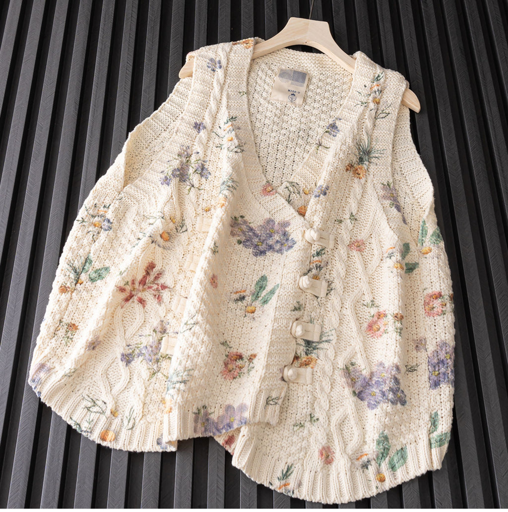 Mori Girl Floral Knitted Sweater Vest – Retro Button Sleeveless Knit