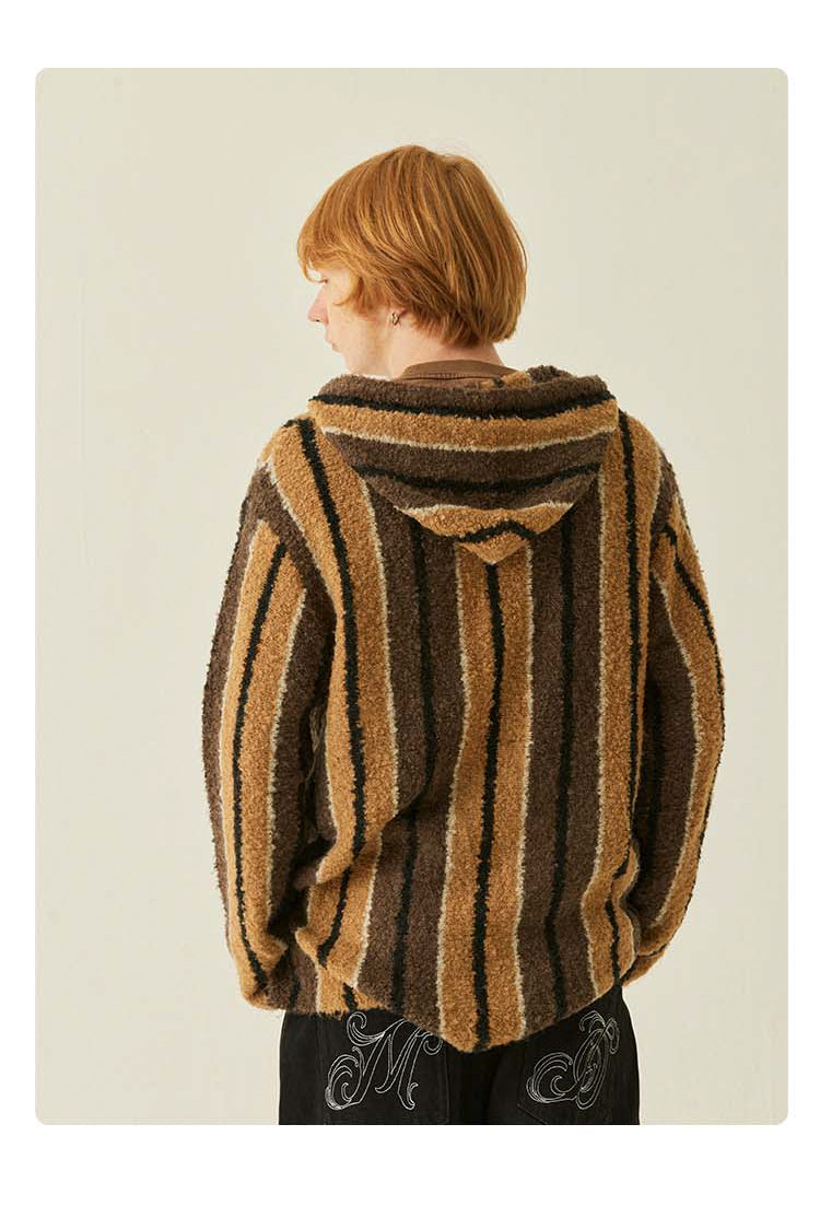 MEDRIA Retro Striped Wool Blend Tibetan Hoodie Autumn Winter Lazy Style Knitted Sweater Unisex Hooded Jacket