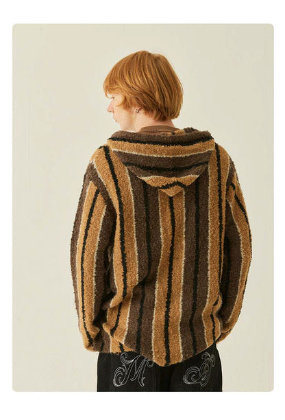 Medria Unisex Retro Striped Hoodie - Wool Blend Tibetan Style Lazy Knit Jacket