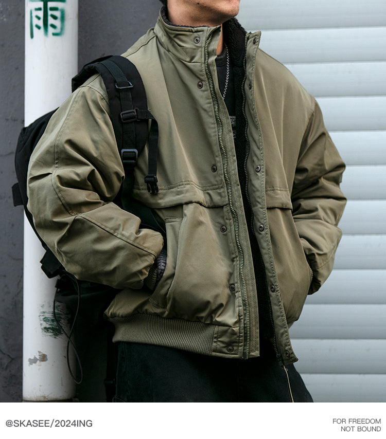 Japanese Style Trendy Brand Lamb Wool Stand Collar Cotton Jacket Men Winter Trendy Brand Couple Loose Thickened Warm Workwear Cotton Coat Jacket