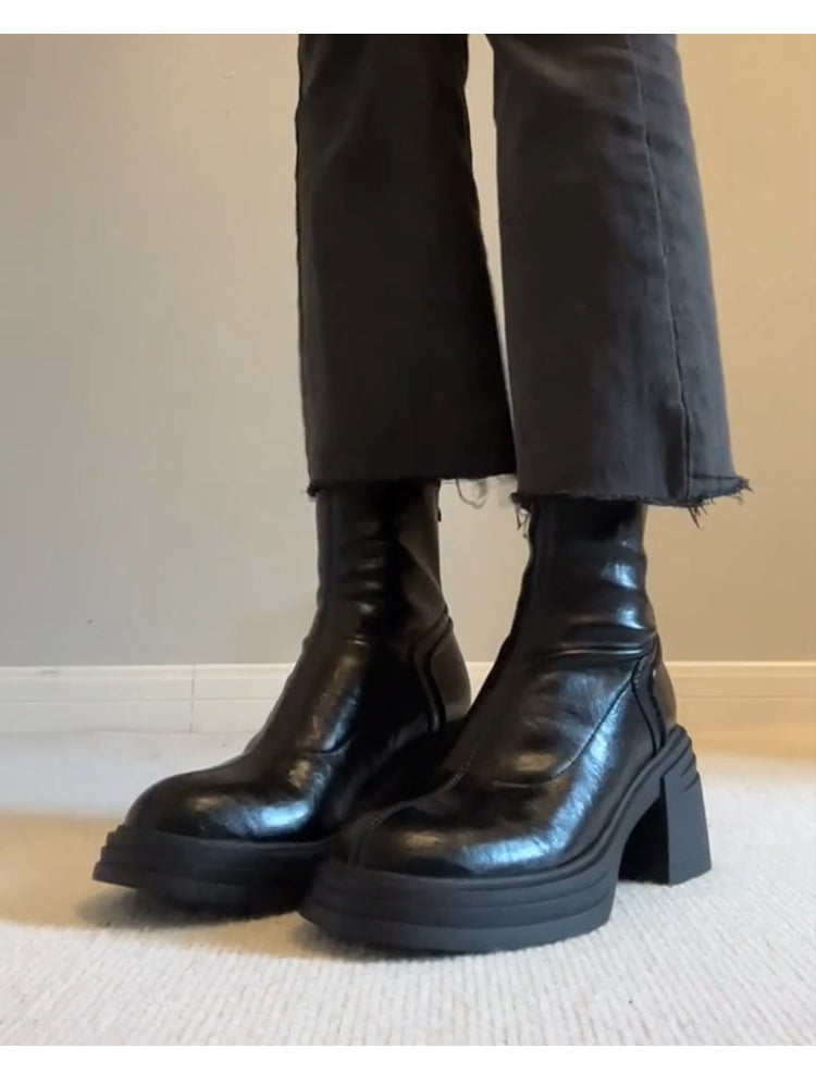 Women's Retro Genuine Leather Martin Boots - Brown Cowhide Thick-Soled Back-Zip Chunky Heel Boots