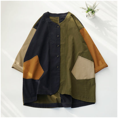 Color-Block Mid-Length Trench Coat – Japanese Retro V-Neck Single-Breasted Jacket