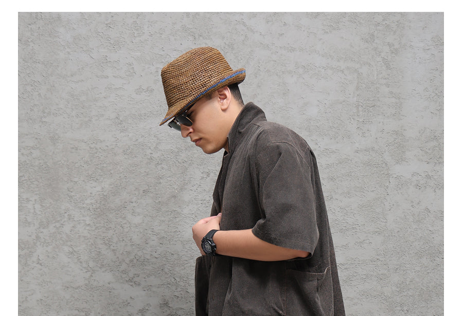 Wild Silk Cuban Collar Half Sleeve Shirt Men's Dye Yam Dyed Tussah Silk Aloha Retro Short Sleeve Shirt Summer