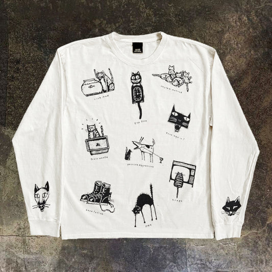 Bomba Studio Cat Print Long-Sleeve Tee — Retro Hong Kong Student Streetwear