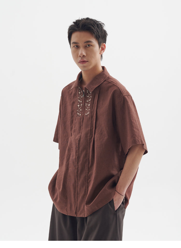 25SS Ramie Blend Passionflower Embroidery Washed Vintage Japanese Style Retro Short Sleeve Shirt