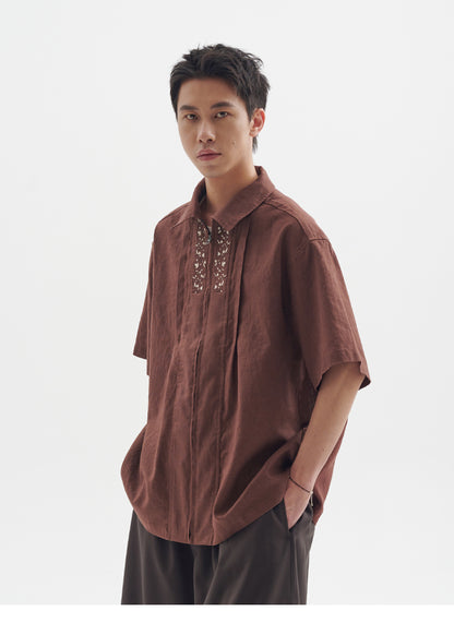 25SS Ramie Blend Passionflower Embroidery Washed Vintage Japanese Style Retro Short Sleeve Shirt