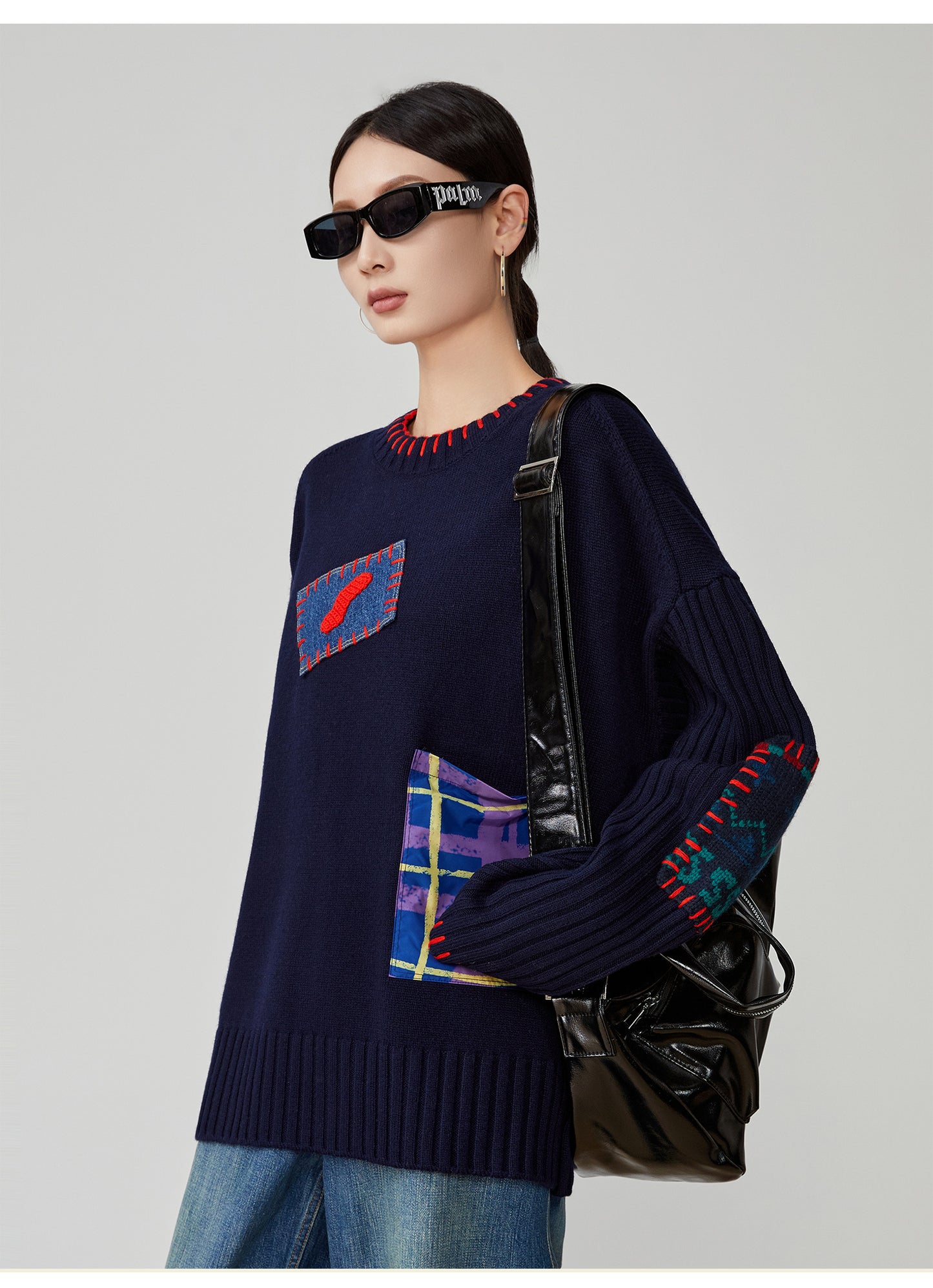Color-Block Hand-Embroidered Patchwork Sweater – Japanese Niche Knit Top