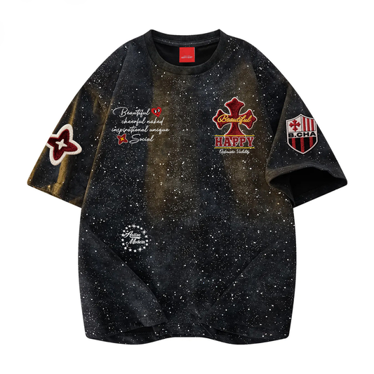 Tie-Dye Starry Cotton Crewneck T-Shirt – Loose Unisex Summer Tee – Japanese vintage | yamalin clothes | Yamalinclothes