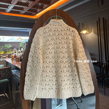 Women's Sweet Hollow Crochet Cardigan - Handmade Wool Blend Zipper Knitted Lazy Style Outerwear