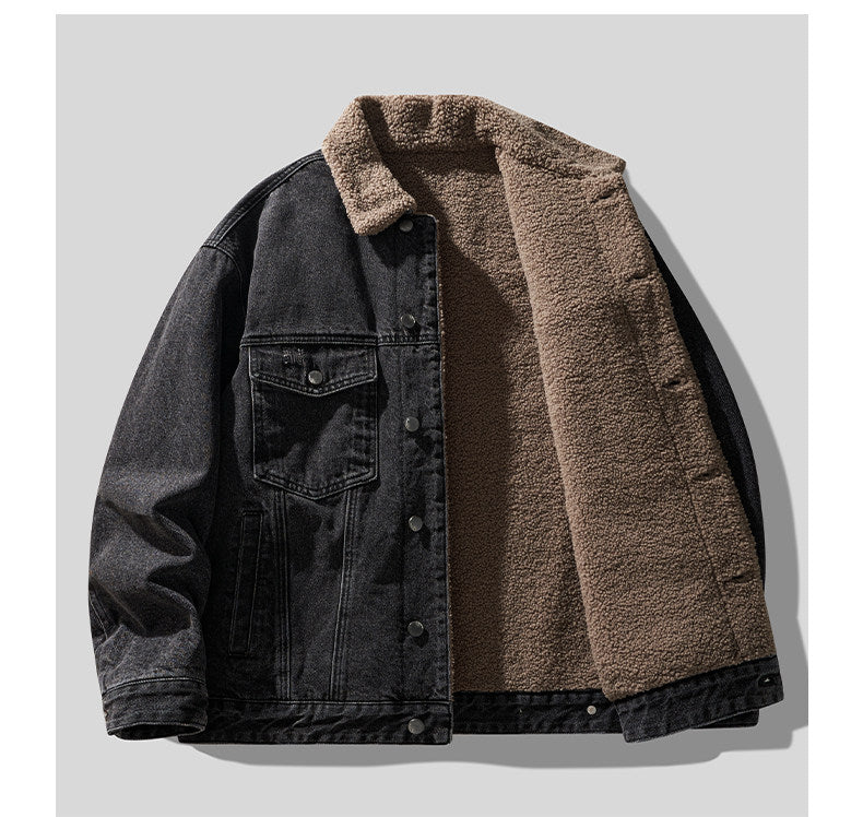 Studio High Street Vintage Washed Denim Jacket - Lamb Wool Winter Coat (Men)