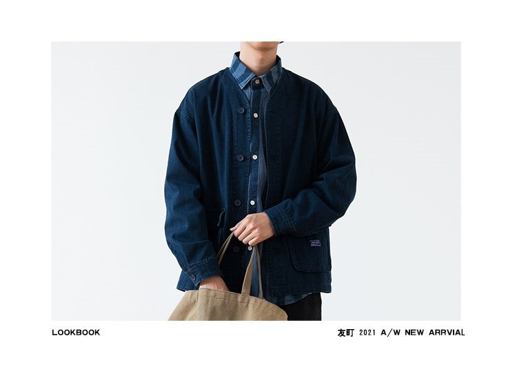 Vintage Washed Denim Collarless Shirt – Japanese Style Long Sleeve (Unisex)