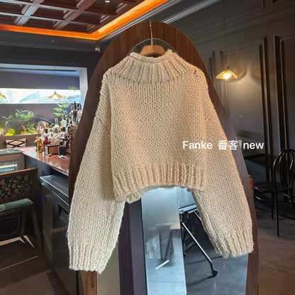 Women's High-End Wool Knitted Cardigan - Autumn Winter Lazy Style High Collar Horn Button Short Loose Top