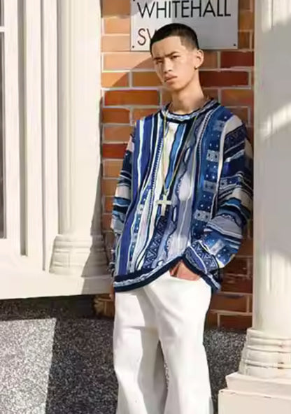 Medria Men's Retro Cleanfit Sweater - Bitter Melon Stripe Ethnic Texture Pullover