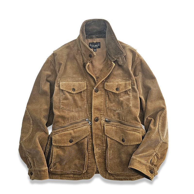 Corduroy Western Hunting Jacket for Men, Washed Multi-Pocket Outdoor Adventure Workwear Retro Windbreaker Jacket