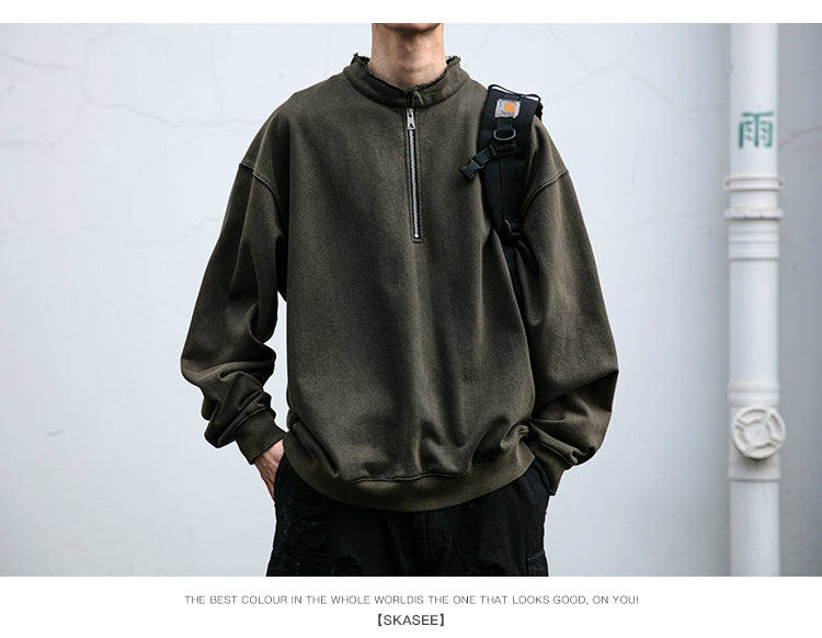 Unisex 465g Washed Vintage Sweatshirt - Boxy Half-Zip Snowflake Knit Pullover