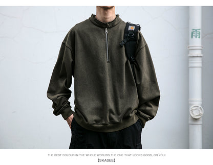 Unisex 465g Washed Vintage Sweatshirt - Boxy Half-Zip Snowflake Knit Pullover